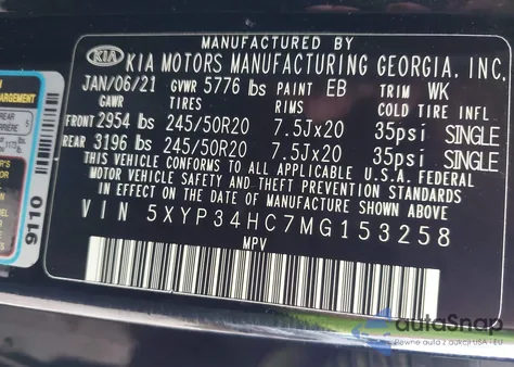 2021 Kia Telluride Ex z USA, uszkodzony, nr VIN 5XYP34HC7MG153258